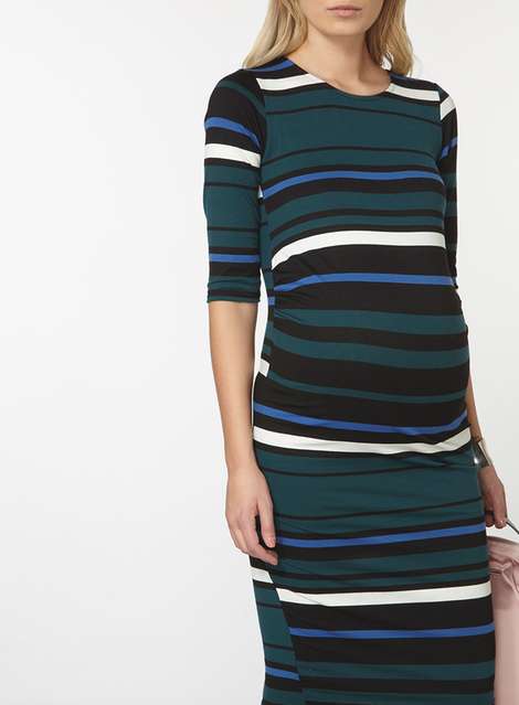 **Maternity Green Stripe Ruched Dress